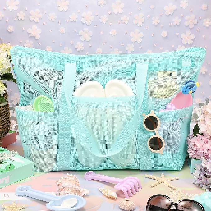 Tagitary Mesh Beach Bag with Zipper Large Beach Tote Waterproof Sandproof with