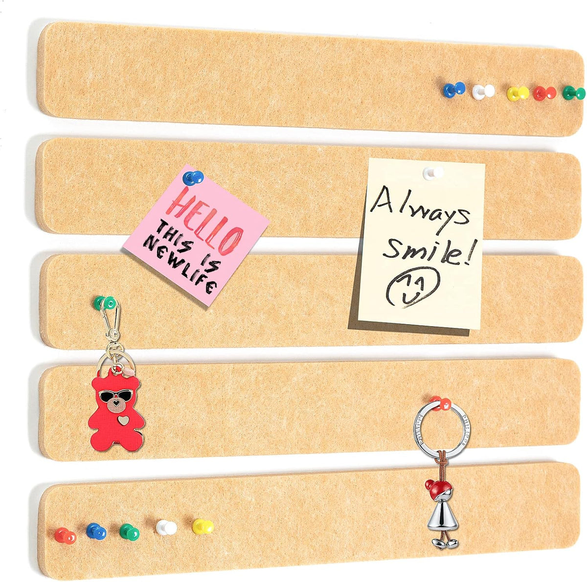 5 Pack Felt Pin Board Bar Strips Bulletin Board for Bedrooms Offices Home Wall Decoration, Notice Board Self Adhesive Cork Board with 35 Push Pins for Paste Notes, Photos, Schedules (Peach)