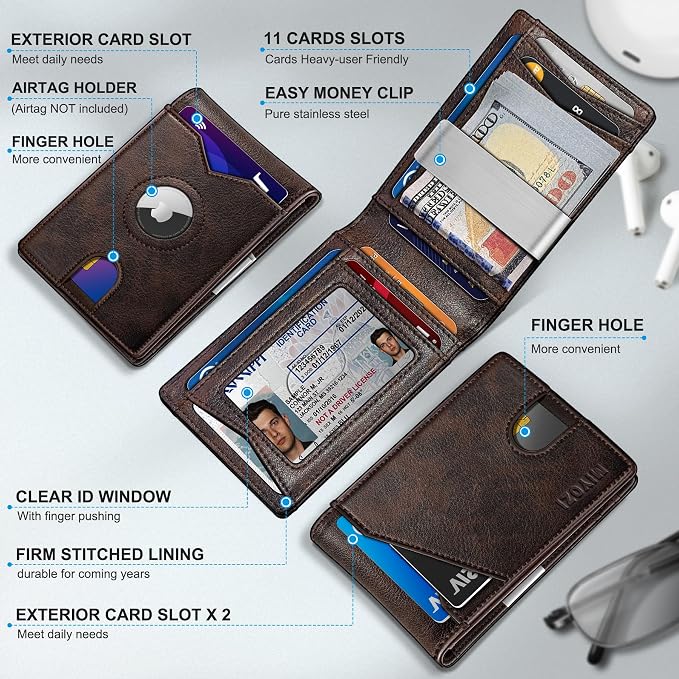 Airtag Wallet for Men, with Money Clip 11 Cards Slim Front Pocket Leather RFID