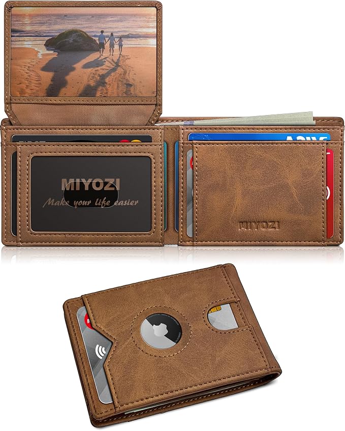 Airtag Wallet for Men, with Cash Pocket 2 ID Window 13 Cards, Slim Leather