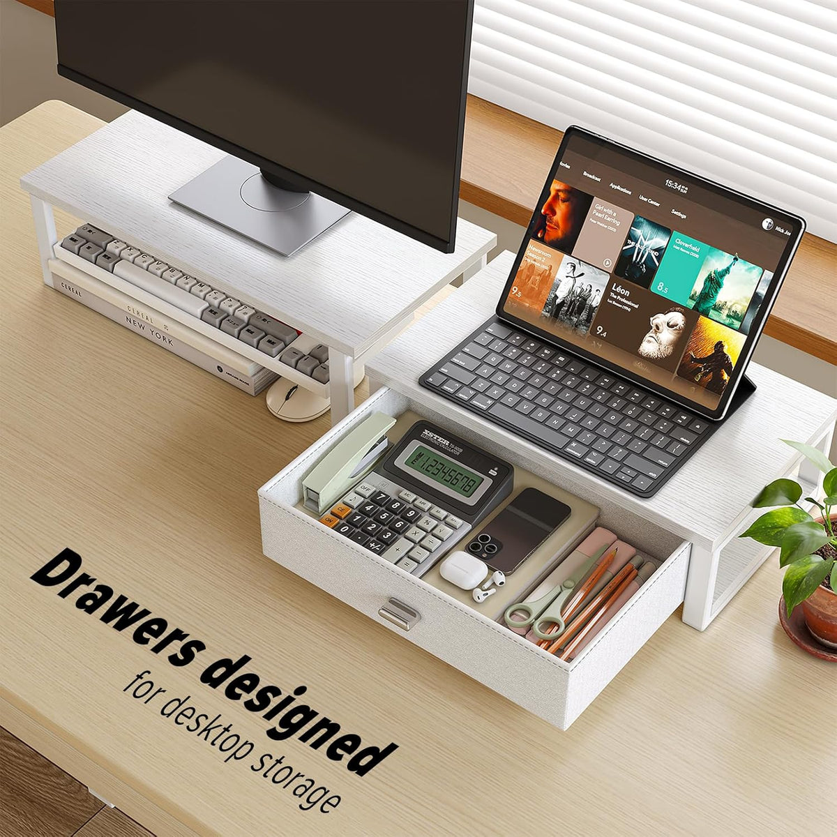 WOHOMO Dual Monitor Stand Riser with Drawers, Desk Organizers for 2 Monitors, Desktop Storage Stand for Computer,Laptop,White