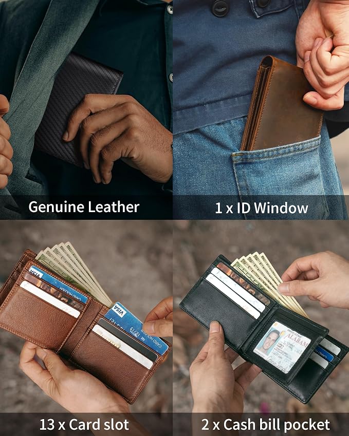 Mens Wallet Genuine Leather Bifold RFID Blocking Wallet