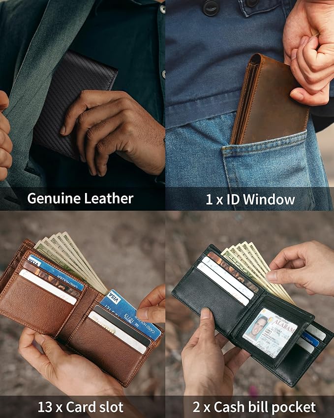 Mens Wallet Genuine Leather Bifold RFID Blocking Wallet