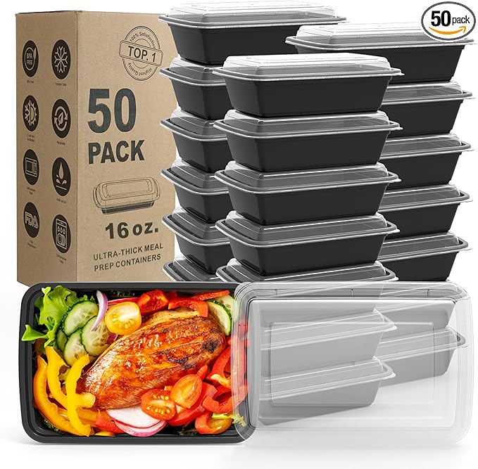 WGCC Meal Prep Containers Reusable - 50 Pack Food Storage Containers with Lids 16 oz - Disposable To Go Food Containers, BPA Free, Stackable, Microwave/Dishwasher/Freezer Safe, Black