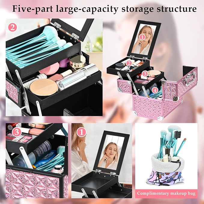 Makeup Case Organizer, Makeup Train Case, Trays Cosmetic Box Portable,