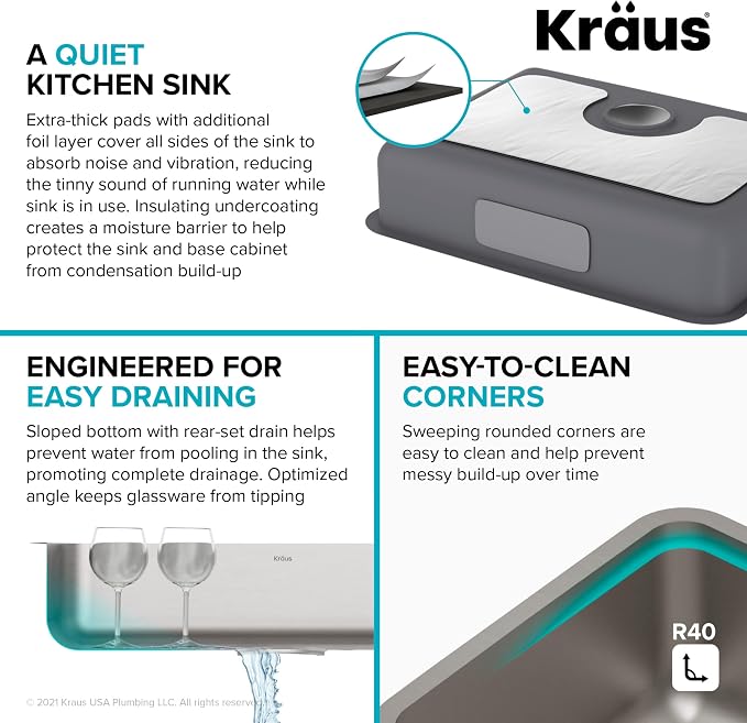 KRAUS Dex 25-inch Undermount 16 Gauge Stainless Steel Single Bowl ADA Kitchen