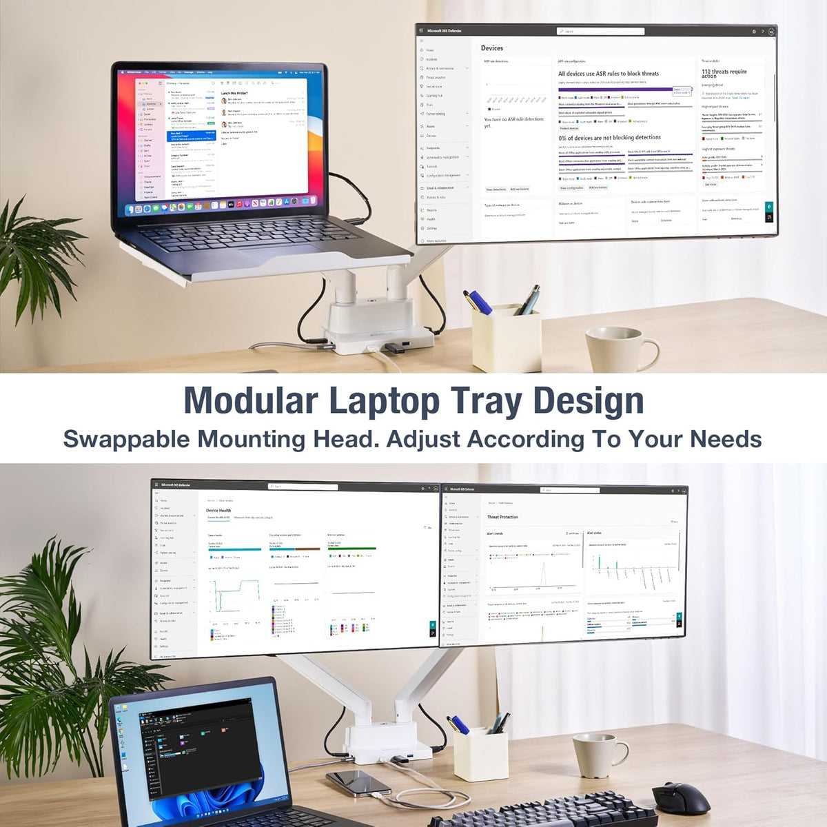 AVLT Dual 17”-38" Monitor Arm Desk Mount with 17" Laptop Tray and USB-C Docking Station, HDMI 4K60Hz, USB-A 5Gbps, Ethernet, 100W PD, Fits Two Flat/Curved Monitor - White