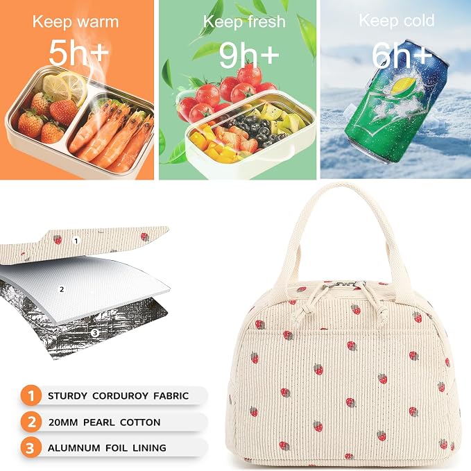 Bluboon Lunch Bag for Women Men Cute Corduroy Lunch Tote Bags Reusable