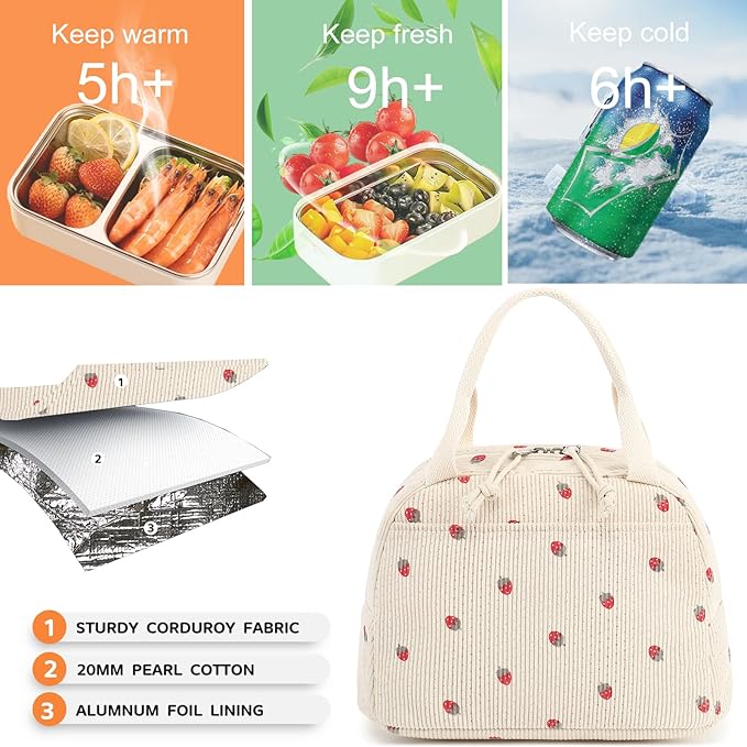 Bluboon Lunch Bag for Women Men Cute Corduroy Lunch Tote Bags Reusable