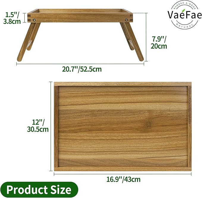 VaeFae Acacia Bed Table Tray, Wooden Breakfast Tray