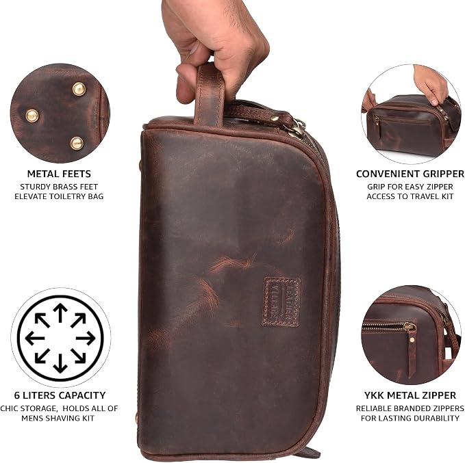 LEATHER VILLAGE Premium Leather Toiletry Travel Pouch
