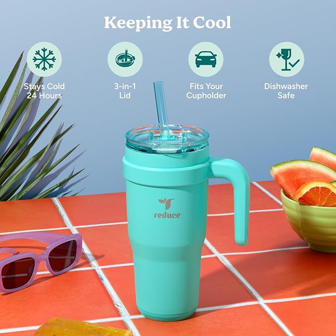 REDUCE 24 oz Stainless Steel Tumbler with Handle - Dual-Wall Vacuum Insulated Travel Mug, Sweat-Proof Lid & Reusable Straw - Keeps Drinks Cold for 24 Hrs, Fits Cupholders, Dishwasher Safe - Mojito