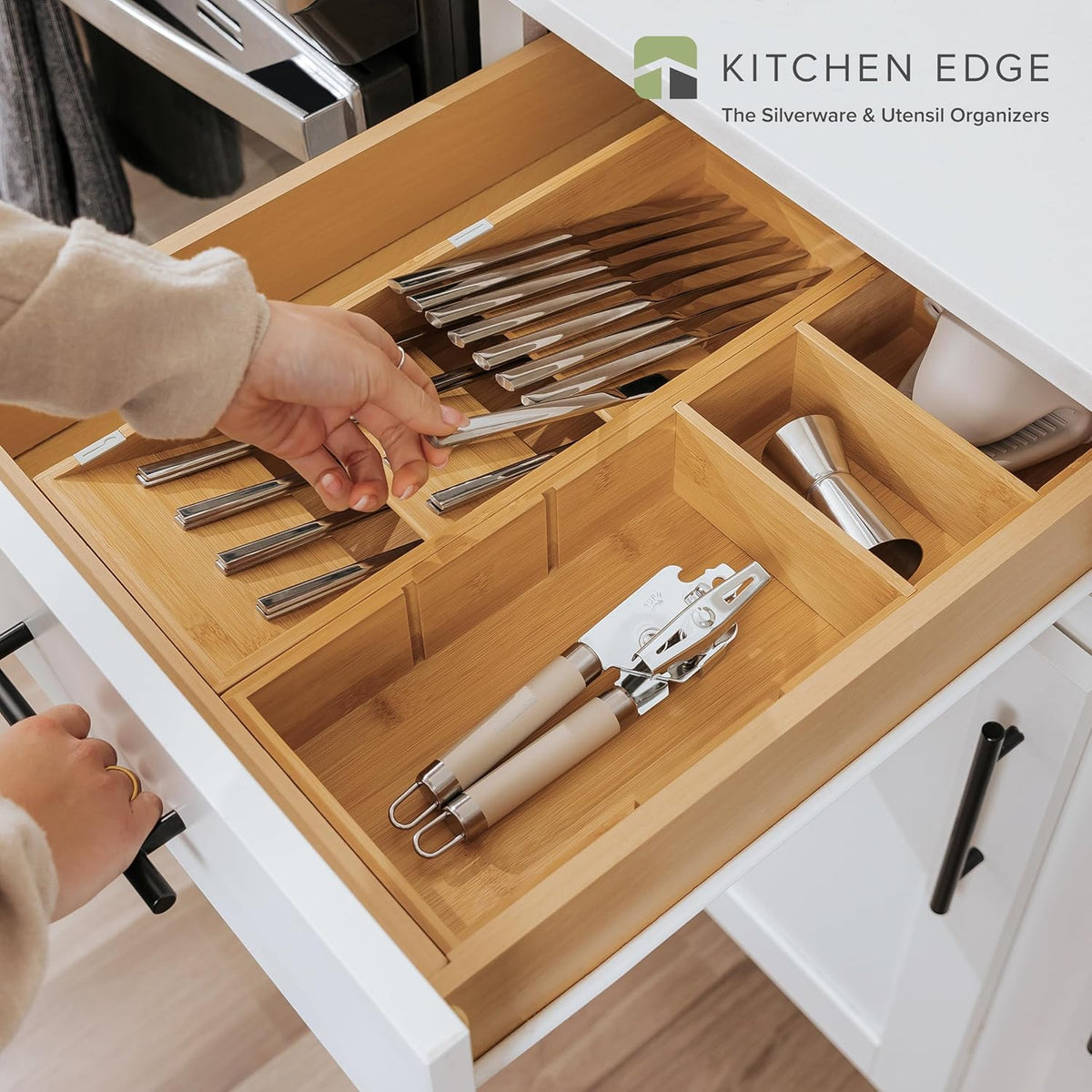 Premium Silverware and Utensil Drawer Organizers – Slanted 3-Compartment and 5-Compartment Design, Labeled Slots, Non-Slip Feet, 100% Sustainable Bamboo, 2 Pack