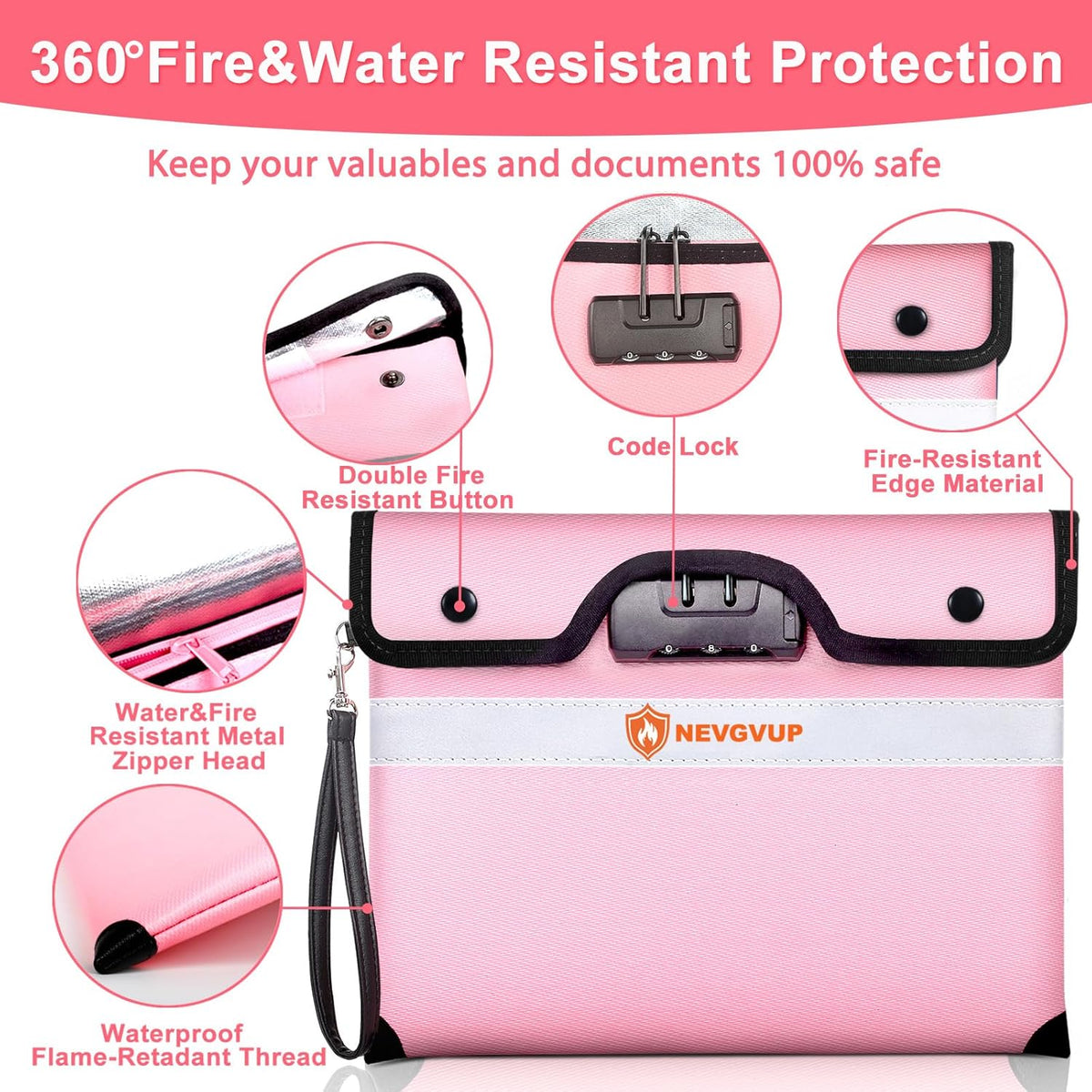 Upgraded 6200°F Fireproof Document Bag with Code Lock, Fire Proof Pouch w. Zipper/Reflective Strip, 9 Layers of Heat Insulated Materials, Fireproof Money Bag for Cash/Documents, Water Resistant