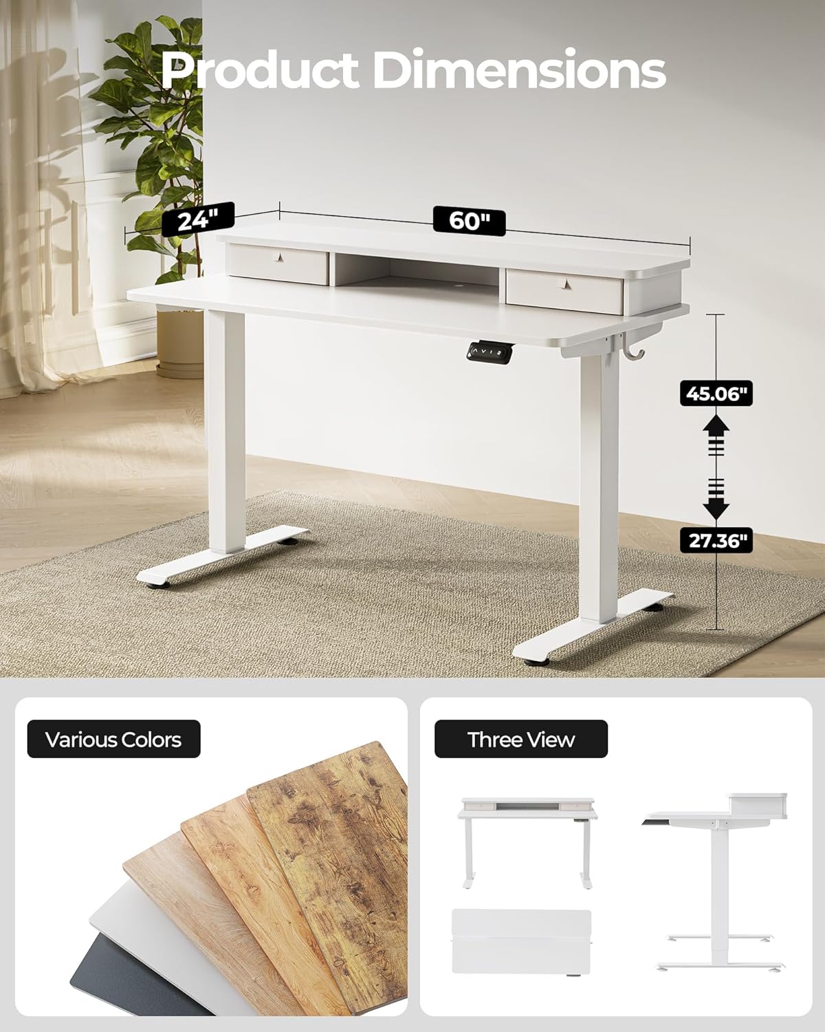 FEZIBO 60 x 24 Inch Height Adjustable Electric Standing Desk with Double Drawer, Sit Stand Desk, Home Office Stand Up Table with 4 Height-Adjustable Feets & 2 Hooks, White