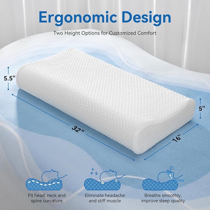 AM AEROMAX 32" King Size Contour Memory Foam Pillow, Cervical Pillow