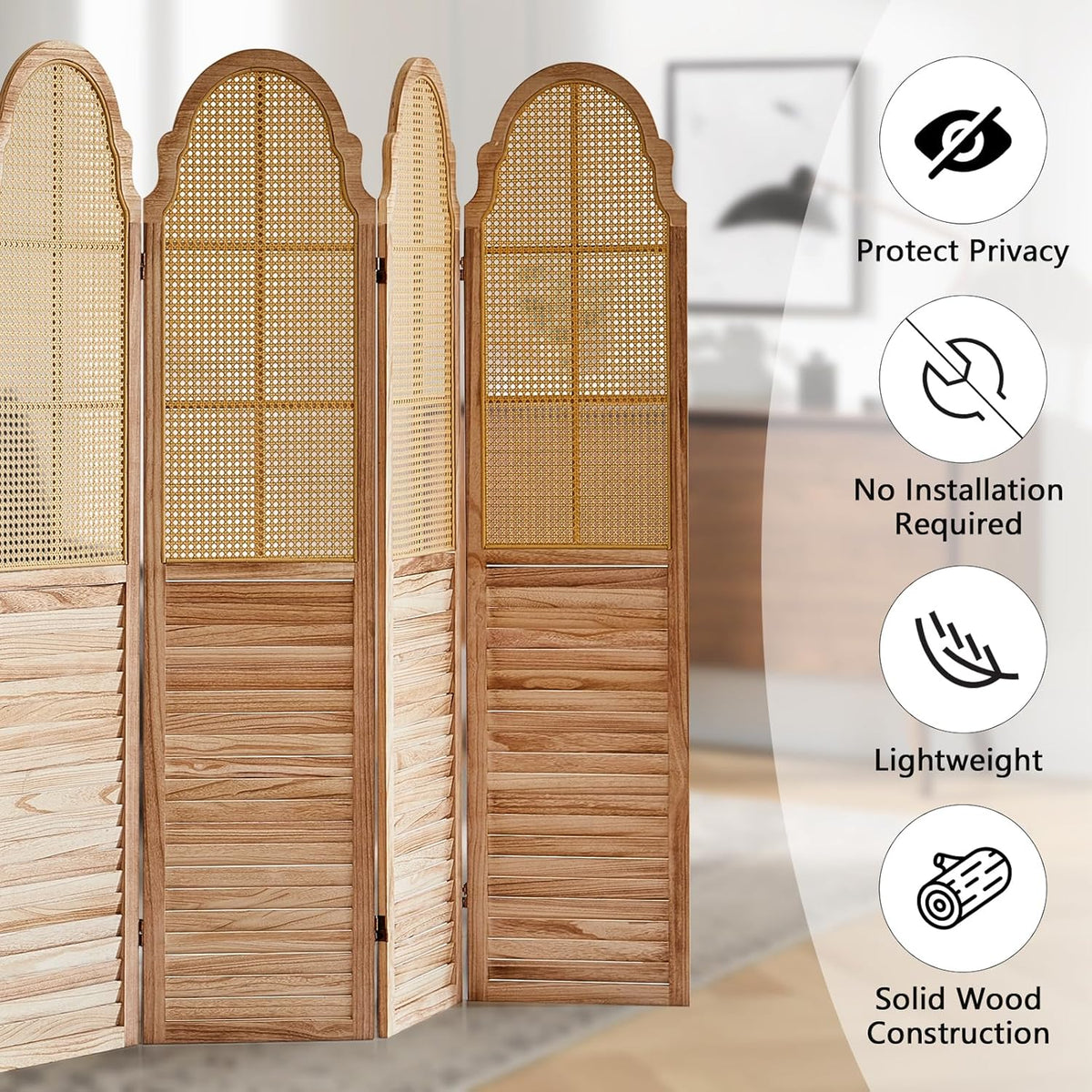 4 Panel Rattan Room Divider Panel, 5.6Ft Partitions and Dividers, Louvered Partition Divider, Room Dividers Screen, Solid Wood Frame, Folding Screen, Bedroom, Family Room, Light Brown