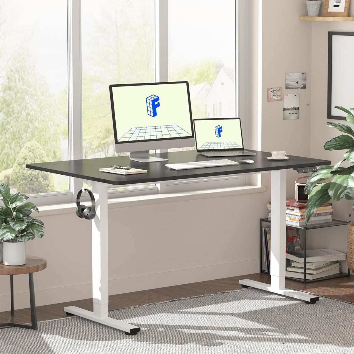 FLEXISPOT EN1 One Piece Standing Desk, 48 x 24 Inch Electric Adjustable Height Desk for Home Office and Computer Workstation (White Frame + Black Top, 2 Packages)