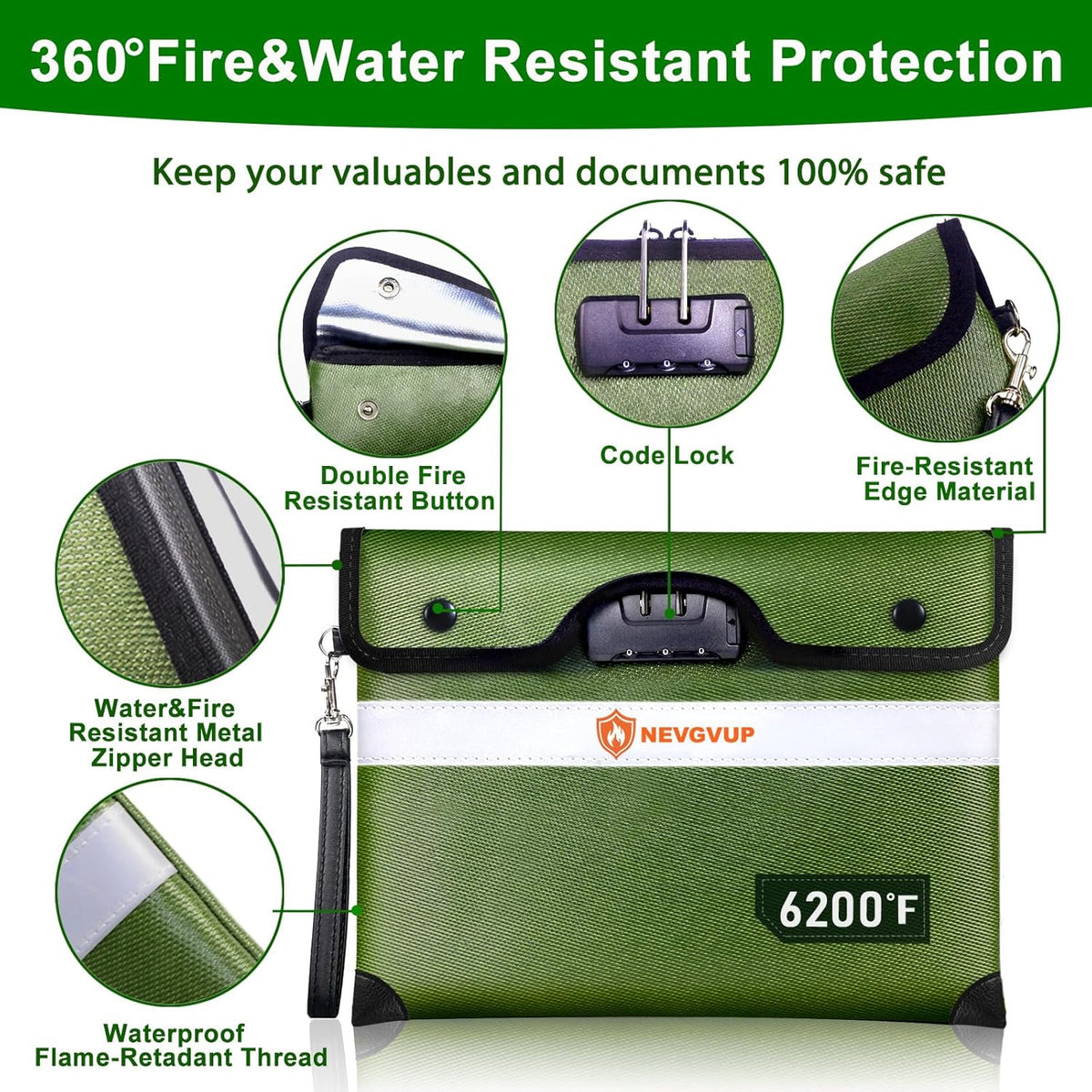 6200°F Fireproof Money Bag with Lock, Upgraded Fireproof Bags w. Zipper/Reflective Strip, 9 Layers of Heat Insulated Materials, Water Resistant Fire proof Money Bag for Cash, Fire Pouch for A5 Files