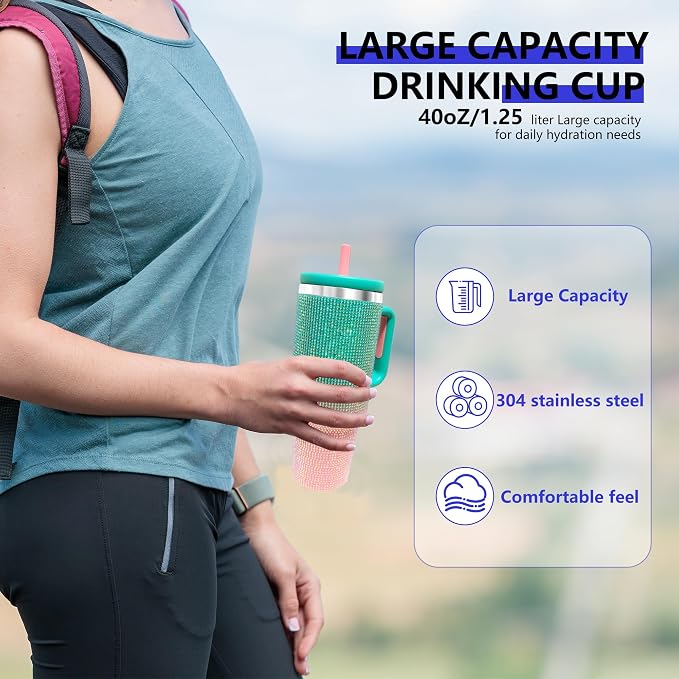 40-OZ Insulated Water Bottle,Insulated Stainless Steel Tumbler,Reusable Cold Drink Thermos,BPA-Free, Double-Wall Stainless Steel Water Bottle (Aqua Pink - Diamond, 40, Fluid Ounces, 40, Fluid Ounces)