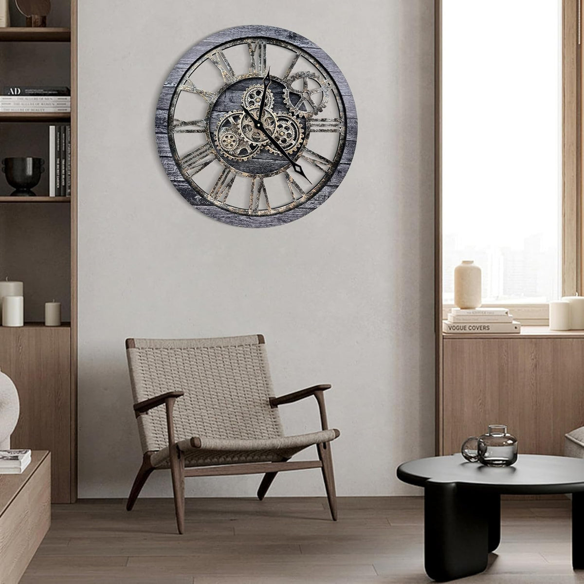 The B-Style Large Wall Clock 24 inch Moving Gear Wall Clock Oversized Vintage Farmhouse Wall Clocks for Living Room Decor Rustic Industrial Wood Clock (Carbon Gray, 36 inch/90cm)