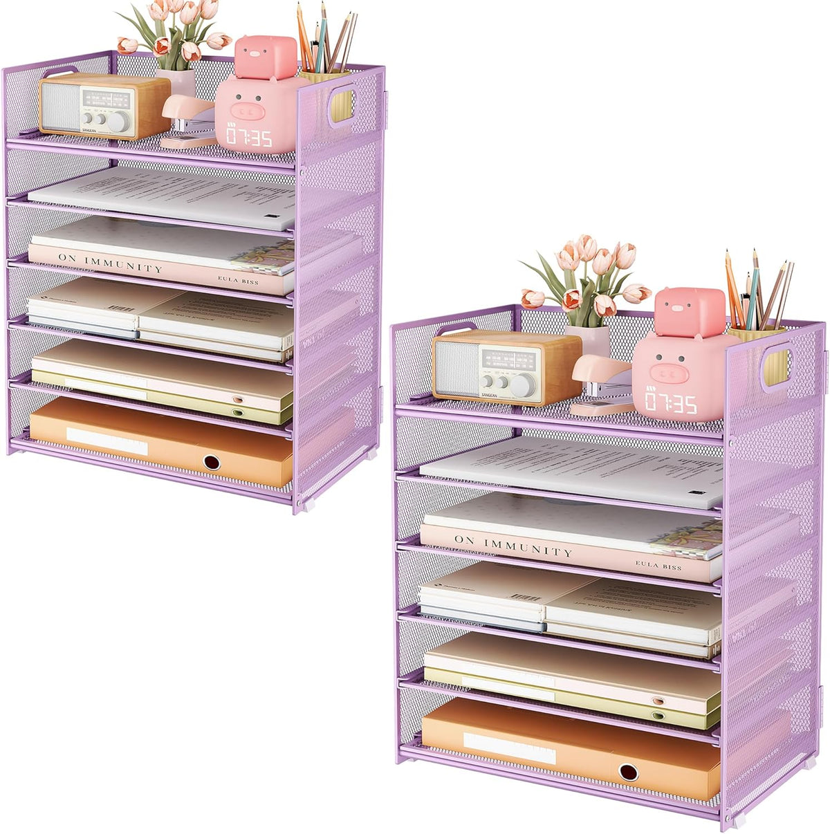 Subekyu 6-Tier Desk Paper Organizer, Desktop File Letter Tray with Handle, Document Sorter and Accessories Holder for Office, Home and School Workspace Organizers, Purple-2 Pack
