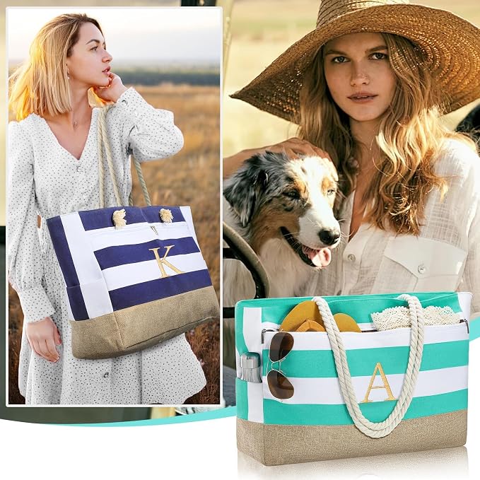 YOOLIFE Large Initial Beach Bag Waterproof Tote Zipper Bag Personalized Gifts