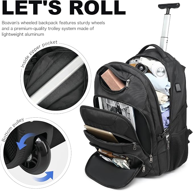 Boavan Wheeled Backpack, 18.4 inch Water Resistant Rolling Backpack, Carry on
