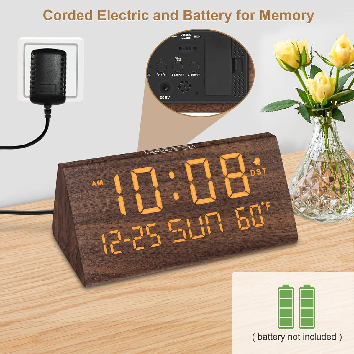 DreamSky Digital Alarm Clocks for Bedrooms - Wooden Desk Clock with Date, Day of Week, USB Port, Temperature, Dimmer for Bedside Table, Living Room, Office, Adjustable Volume, Auto DST, Wood Decor