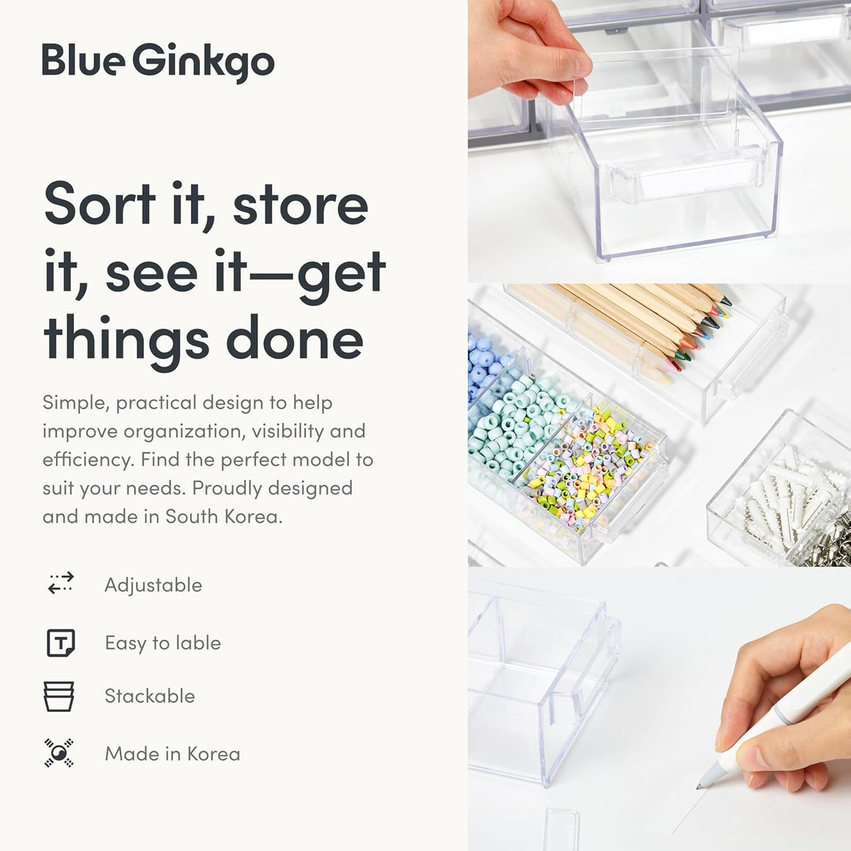 Blue Ginkgo Large 12-Drawer Cabinet – Stackable Clear Organizer for Hardware, Beads, Plastic Bricks, Office, and Craft Storage (Made in Korea, Gray)