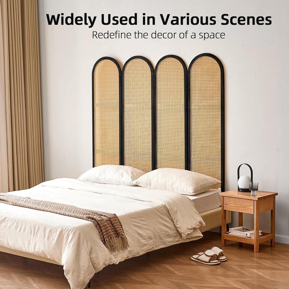4 Panel Room Divider, Hand-Woven Rattan Room Divider Screen, Folding Privacy Screens with Double Hinges, Wooden Freestanding Wall Divider for Room Separation Bedroom Home Office - Black