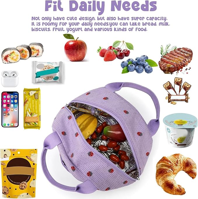 Bluboon Lunch Bag for Women Men Cute Corduroy Lunch Tote Bags Reusable
