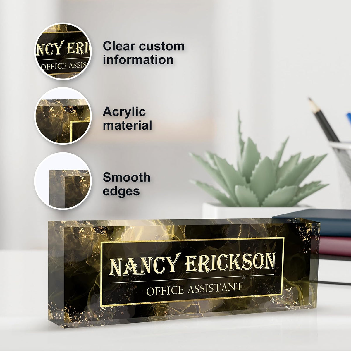 Personalized Name Plate for Desk, Custom Desk Name Plate, Acrylic Name Plate Office Desk Accessories, Personalized Office Gifts for Coworkers Teachers, Employee Appreciation Gifts (B-Gray Marble)
