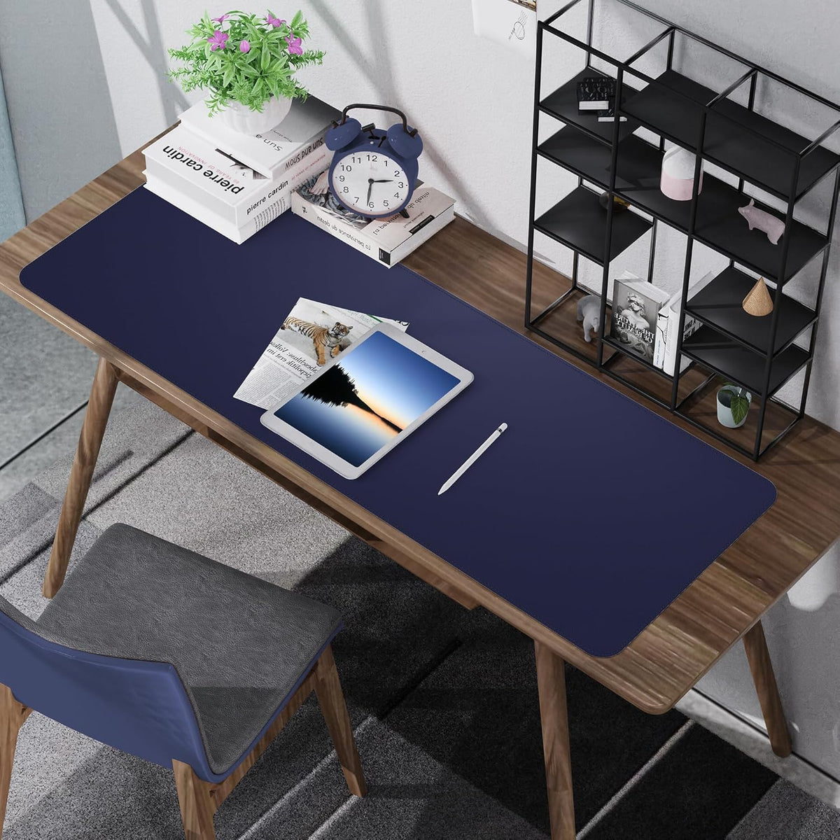 AFIING Leather Desk pad Protector, Large Non-Slip Office Desk Mat with Natural Cork & PU Leather, Waterproof Writing Mouse Pad for Office and Home (55in*17in,Blue)