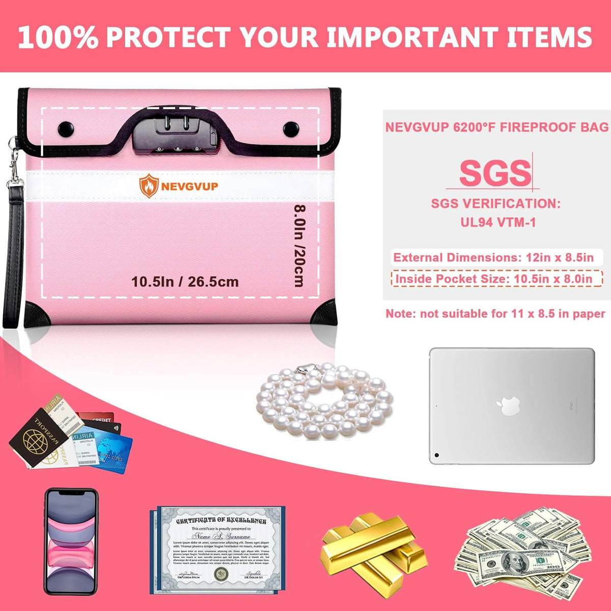 Upgraded 6200°F Fireproof Money Bag with Lock, Fireproof Bag w. Zipper/Reflective Strip, 9 Layers of Heat Insulated Material, Water Resistant Fire Proof Money Bag for Cash, Fire Bag for A5 documents