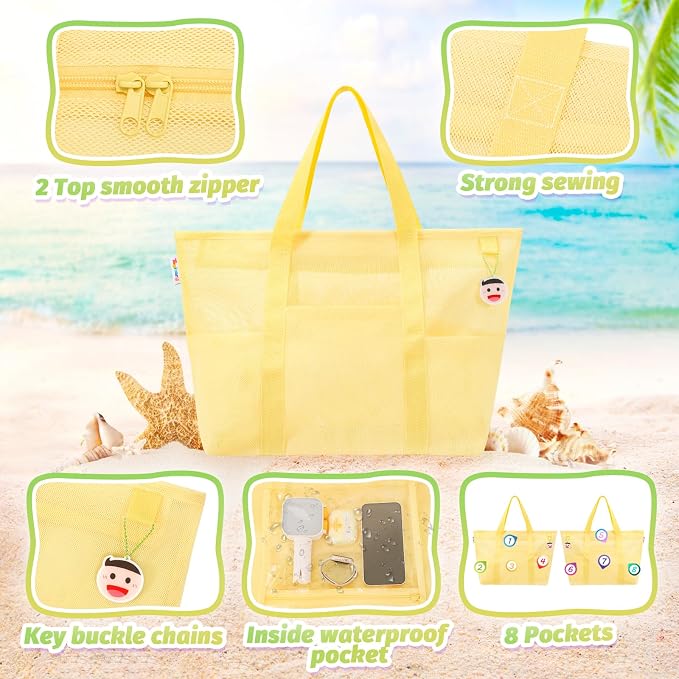 Tagitary Mesh Beach Bag with Zipper Large Beach Tote Waterproof Sandproof with