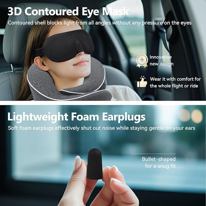 Travel Neck Pillow 100% Memory Foam – Airplane & Car Travel Essentials Kit