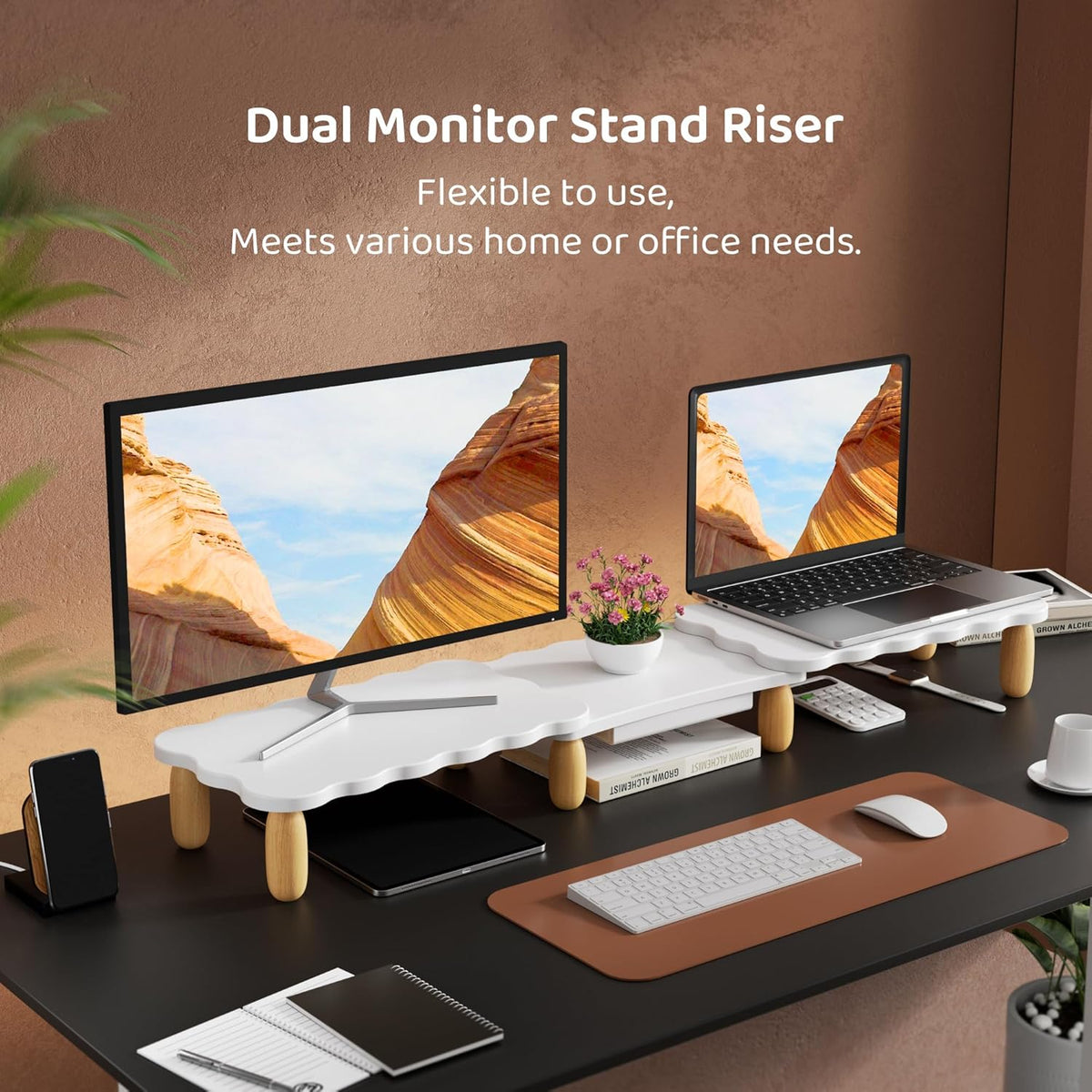 Dual Monitor Riser, Cookie-Shaped Adjustable Length & Swivel Angle, Wooden Desktop Organizer for 2 Monitors, Stand With Drawer for Laptop, PC, Computer, Printer, White