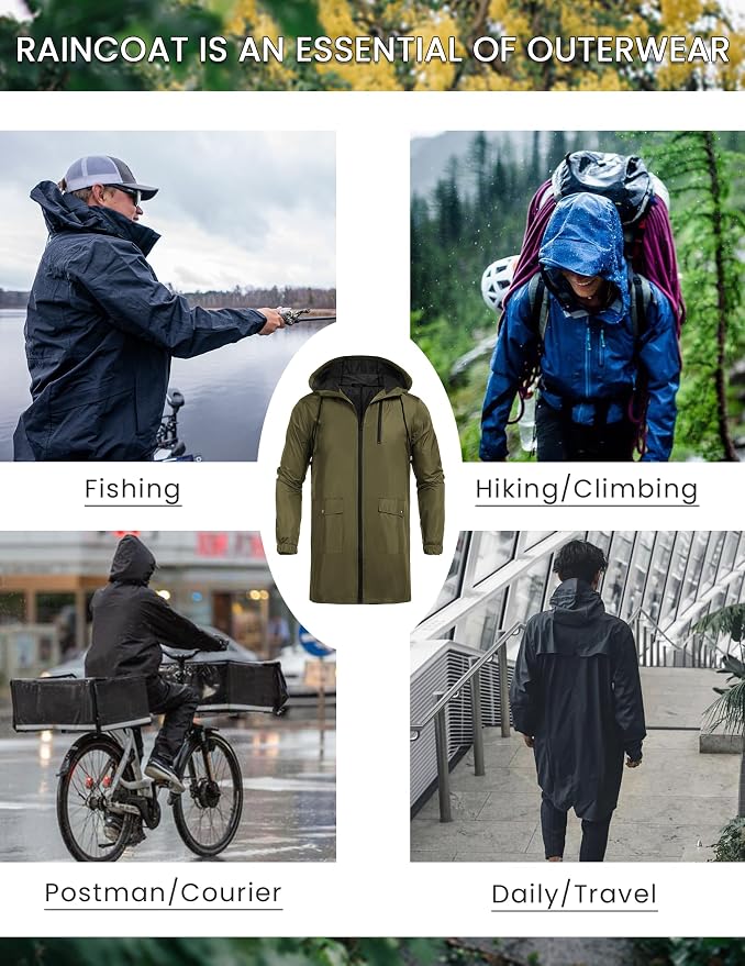 COOFANDY Men's Long Raincoat Ligtweight Rain Jacket Waterproof Outdoor Jackets