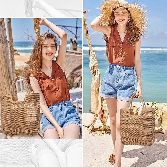 Straw Beach Bags for Women Woven Beach Tote Bag Casual Boho Large Shoulder