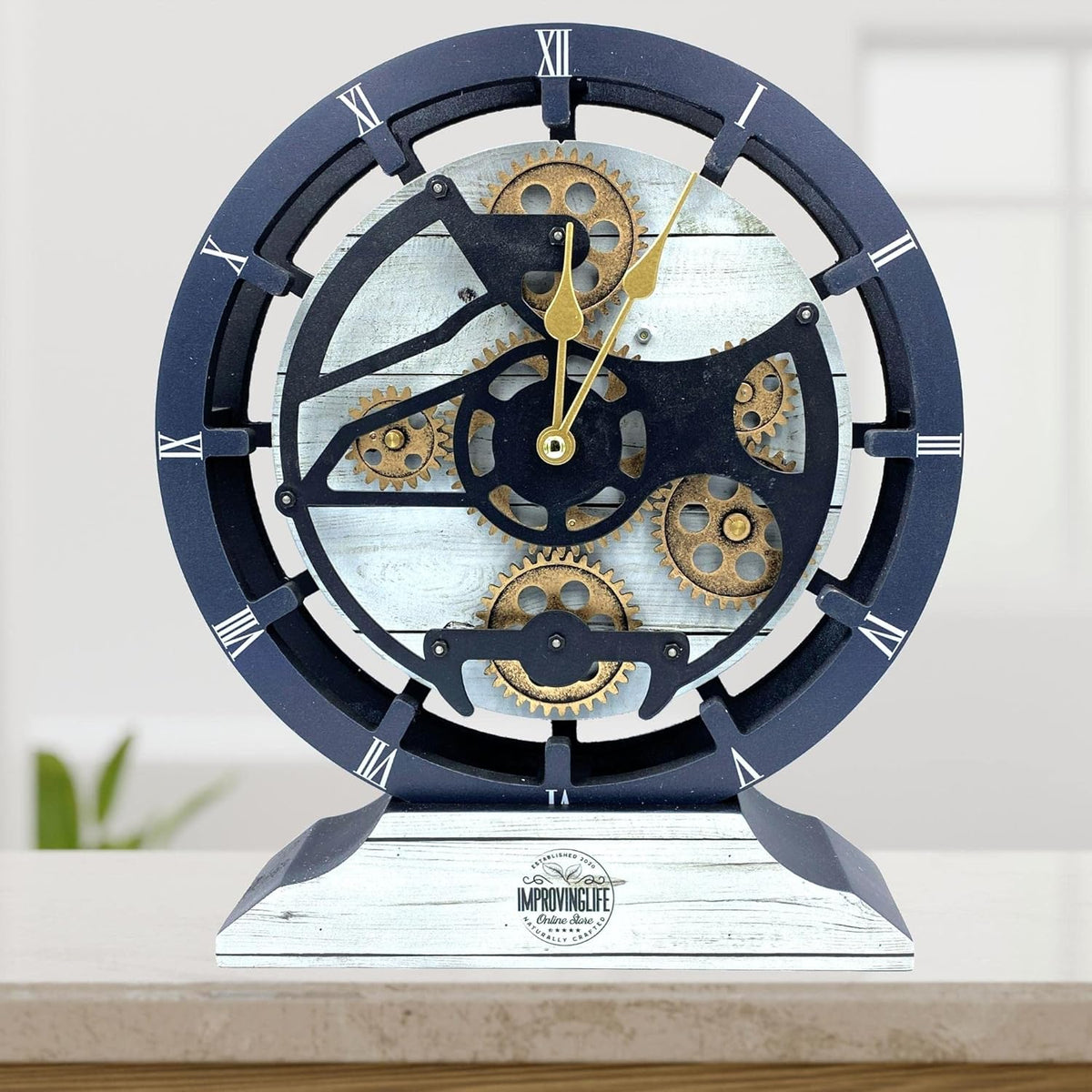 The Gears Clock Desk Clock 10 inches with Real Moving Gears Convertible into Wall Clock (White Farmhouse)