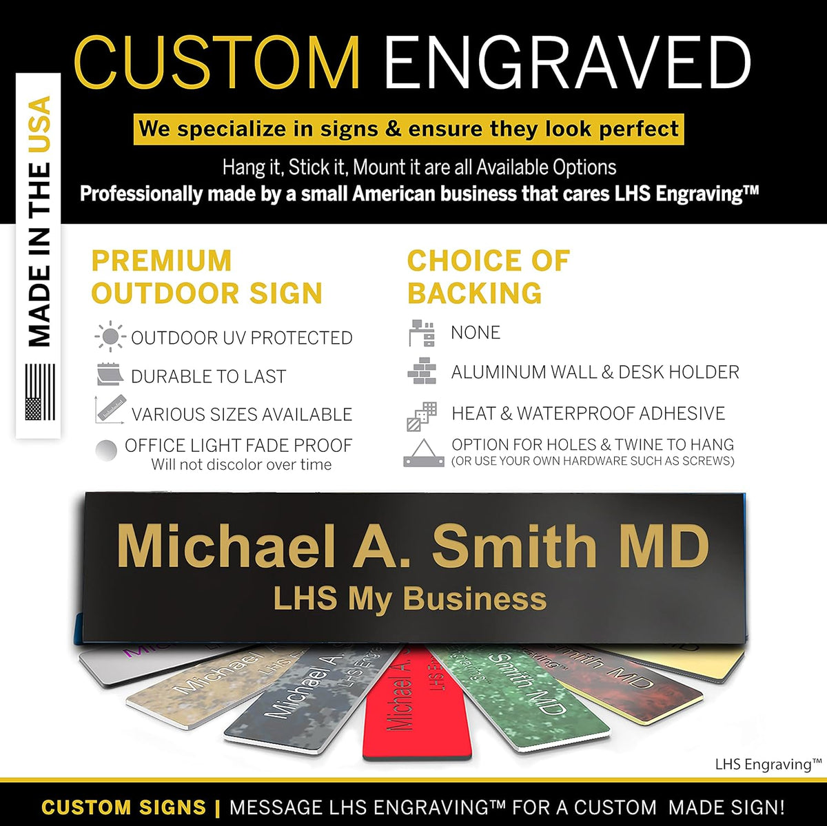 Engraved Door Signs for Office Personalized Black Plastic Door Plaque Gold Letters - Made in USA 2x12 B3