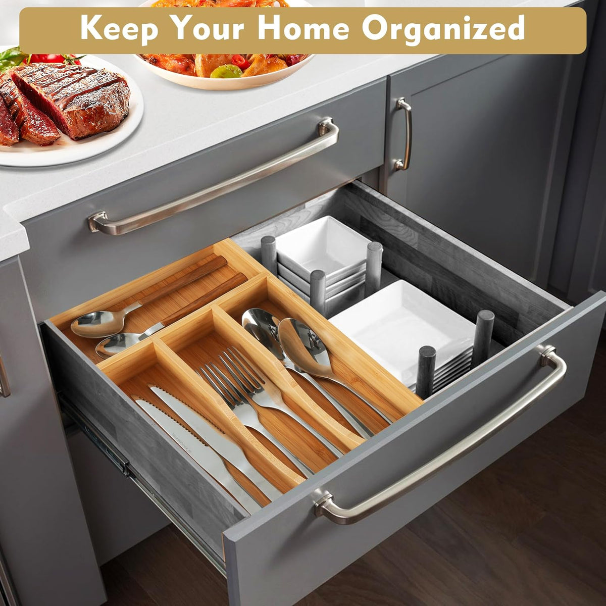 Bamboo Kitchen Drawer Organizer, 7 Inch Silverware Utensil Holder for Small Drawer, Wood Silverware Organizer for Cutlery