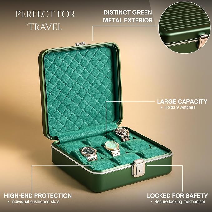 Bey-Berk Prague Aluminum Watch Case in Hunter Green – 9-Slot Locking Travel Box
