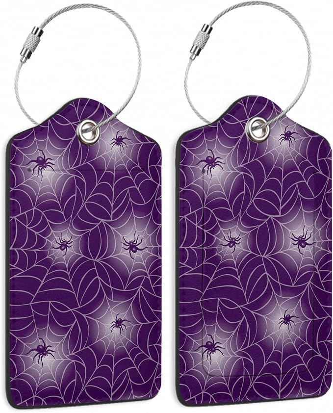 Halloween Luggage Tags Set of 2 Purple Spider Web Leather Suitcase Tags
