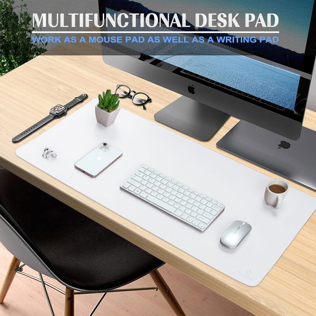 K KNODEL Small Office Leather Desk Mat, Mouse and Keyboard Pad, Computer and Laptop Mat, Desktop Protector and Cover, Writing Pad and Blotter (23.6"x13.8", White)