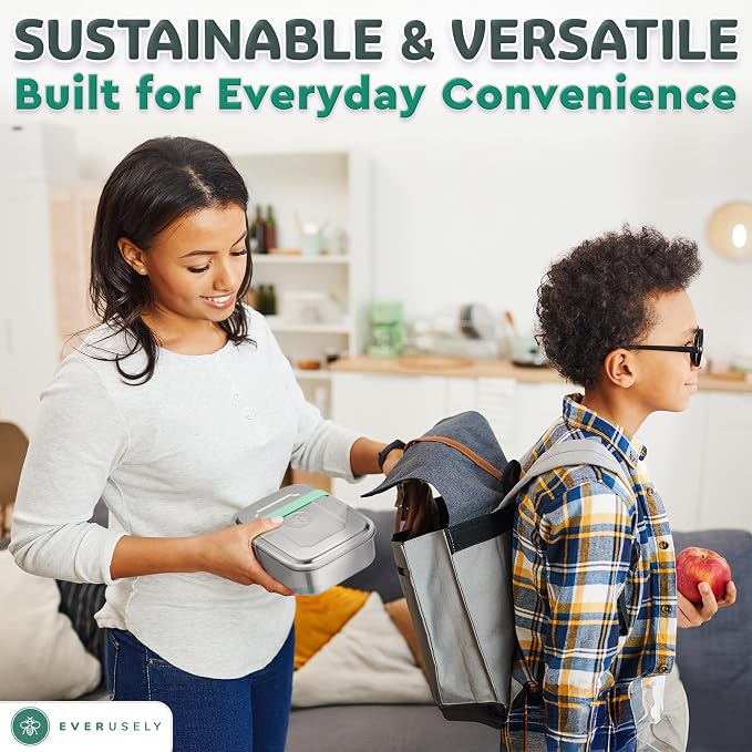 Everusely - Bento Box - Green, 60oz / 1.8 L - Stainless Steel Lunch Box - 3