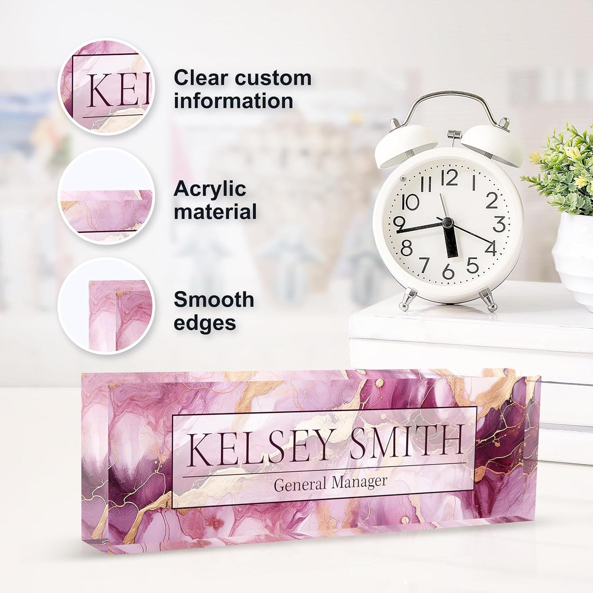 Personalized Name Plate for Desk, Custom Desk Name Plate, Acrylic Name Plate Office Desk Accessories, Personalized Office Gifts for Coworkers Teachers, Employee Appreciation Gifts (C-Mauve Marble)