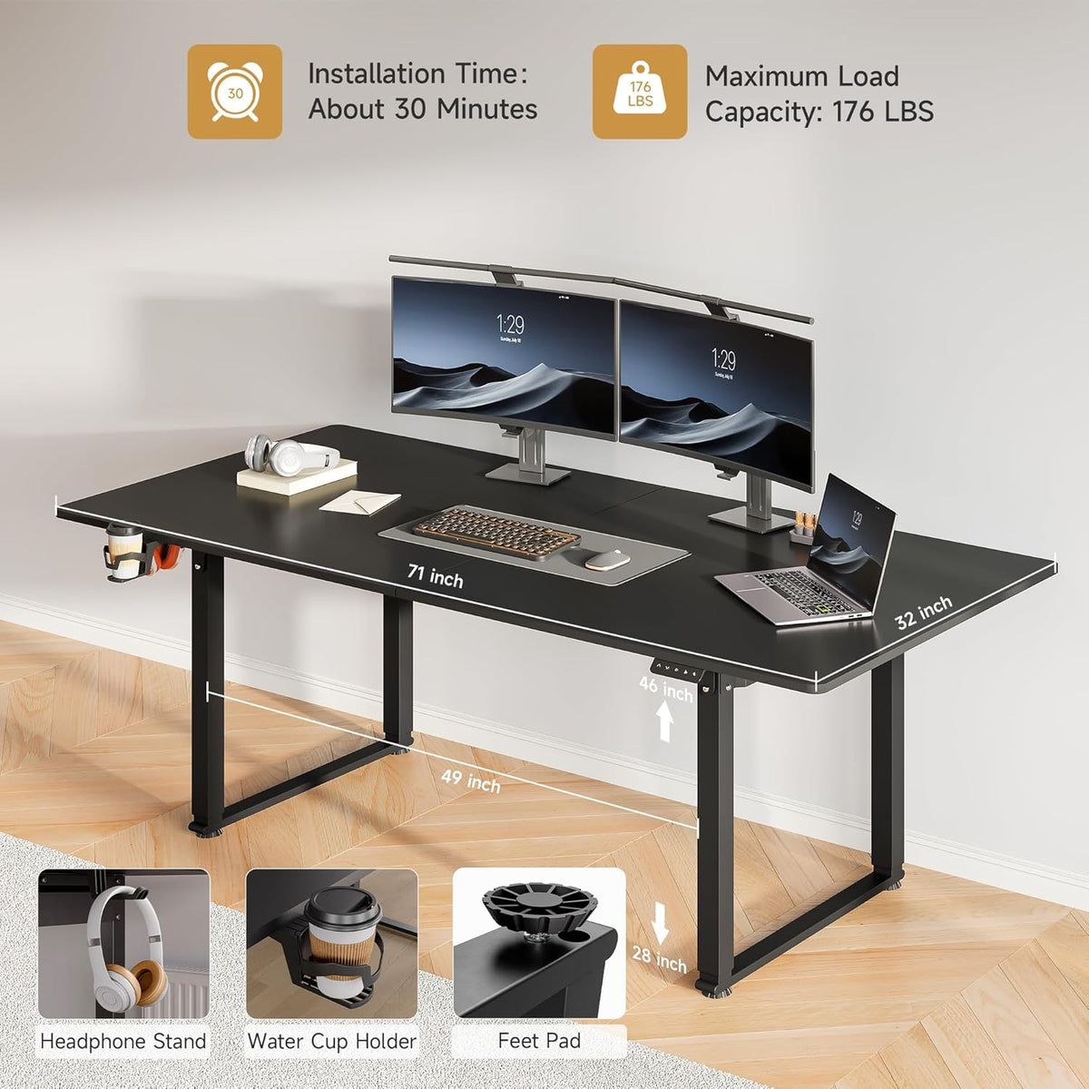 63x30 Inch Adjustable Standing Desk with 4 Legs, Stand up Desk Features a Spacious Rectangular Top, Dual-Motor Lift, and Memory Presets (28-46Inch) for Home Offices or Computer Workstations, Black