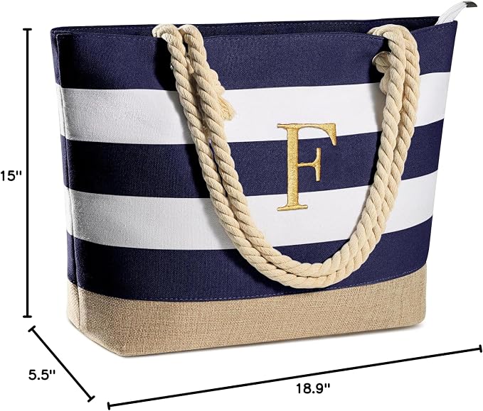 YOOLIFE Initial Canvas Waterproof Beach Tote Bag Zipper Personalized Gifts